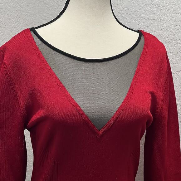 Cache Red Ribbed Knit Black Sheer V Neck Sweater Women's Size Medium Holiday - Picture 2 of 7